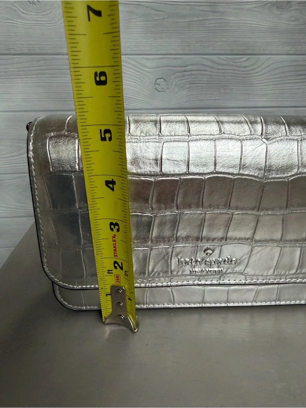 kate spade Metallic Silver Croc-Embossed Chain Crossbody Bag